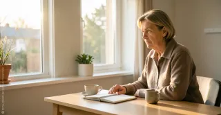 Eine erwachsene Person hält am Morgen in einer schlichten Alltagsszene kurz inne, steht oder sitzt ruhig am Fenster oder an einem aufgeräumten Schreibtisch. Warmes Licht fällt in den Raum. Die Stimmung ist still und gesammelt.