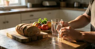 Ein schlicht gedeckter Tisch im warmen Abendlicht. Auf dem Tisch stehen Brot, Wasser und wenige Lebensmittel. Eine Hand liegt ruhig neben dem Teller. Die Szene wirkt still, dankbar und nachdenklich.