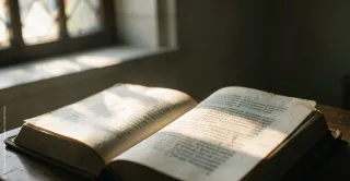 Eine aufgeschlagene Psalmseite oder ein schlichtes Gebetbuch liegt im weichen seitlichen Licht eines Fensters. Die Papierstruktur ist gut sichtbar, Staubpartikel leuchten in der Luft. Das Bild wirkt still, warm und nachdenklich.