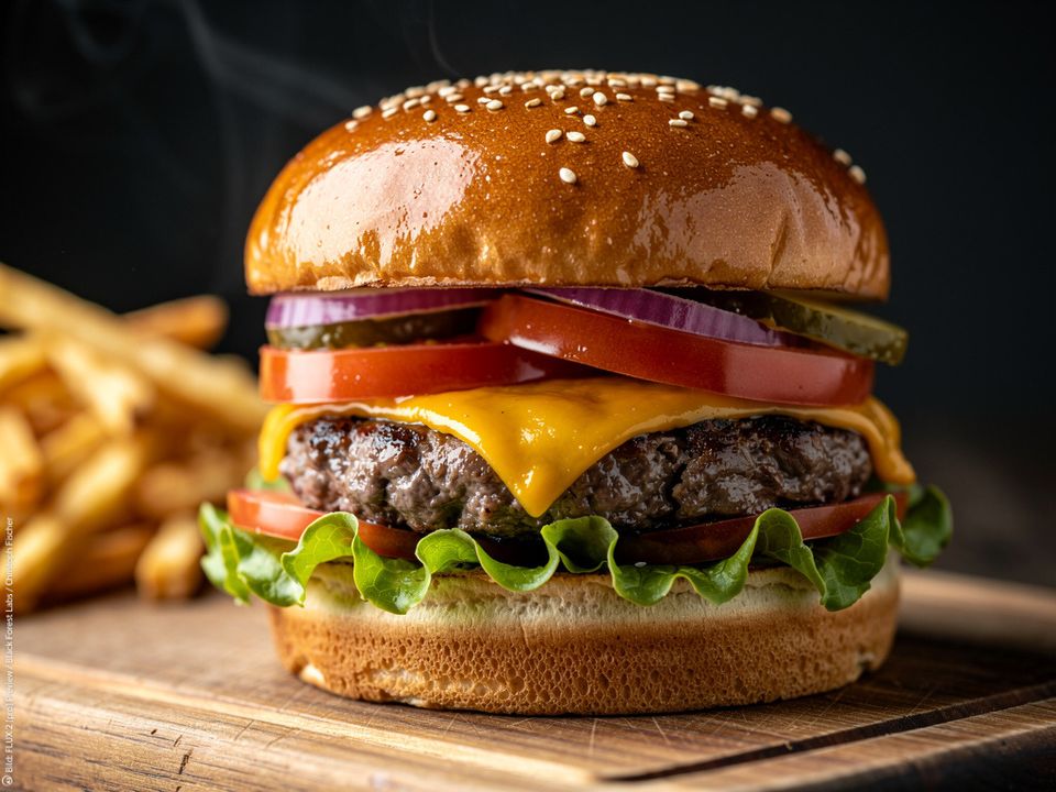 Ein köstlich aussehender Burger mit Zwiebel, Tomate, Gurke, Käse und Salat auf einem Holzbrett vor unscharf erkennbaren Pommes Frites udn einem schwarzem Hintergrund