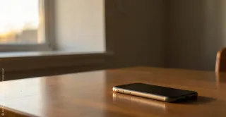 Ein Smartphone liegt auf einem schlichten Holztisch bewusst zur Seite gedreht. Warmes Licht fällt von einem Fenster herein. Die Szene wirkt ruhig und lädt dazu ein, erst einmal zu warten statt sofort zu reagieren.