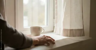 Ruhige Alltagsszene an einem offenen Fenster mit weichem Licht, einem leichten Vorhang und einer Tasse. Das Bild vermittelt einen stillen Moment, eine Pause und das Thema Atem.