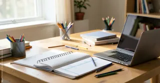 Ein aufgeräumter Schreibtisch mit Laptop, Notizen und Unterrichtsmaterialien. Die Szene vermittelt konzentrierte Vorbereitung und gute Organisation für den Unterricht.