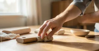 Eine Hand ordnet in ruhigem Licht einige Alltagsgegenstände und schafft unauffällig Ordnung. Die Szene wirkt still, schlicht und behutsam.